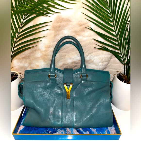 🍀 YSL leather Cabas satchel, teal & blue. 1998, piping has been repainted. - Picture 1 of 15